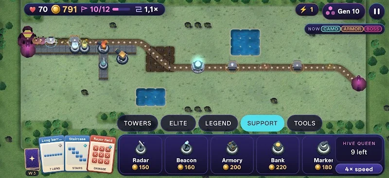 Mazebound tower defense gameplay with a custom maze and tower upgrades