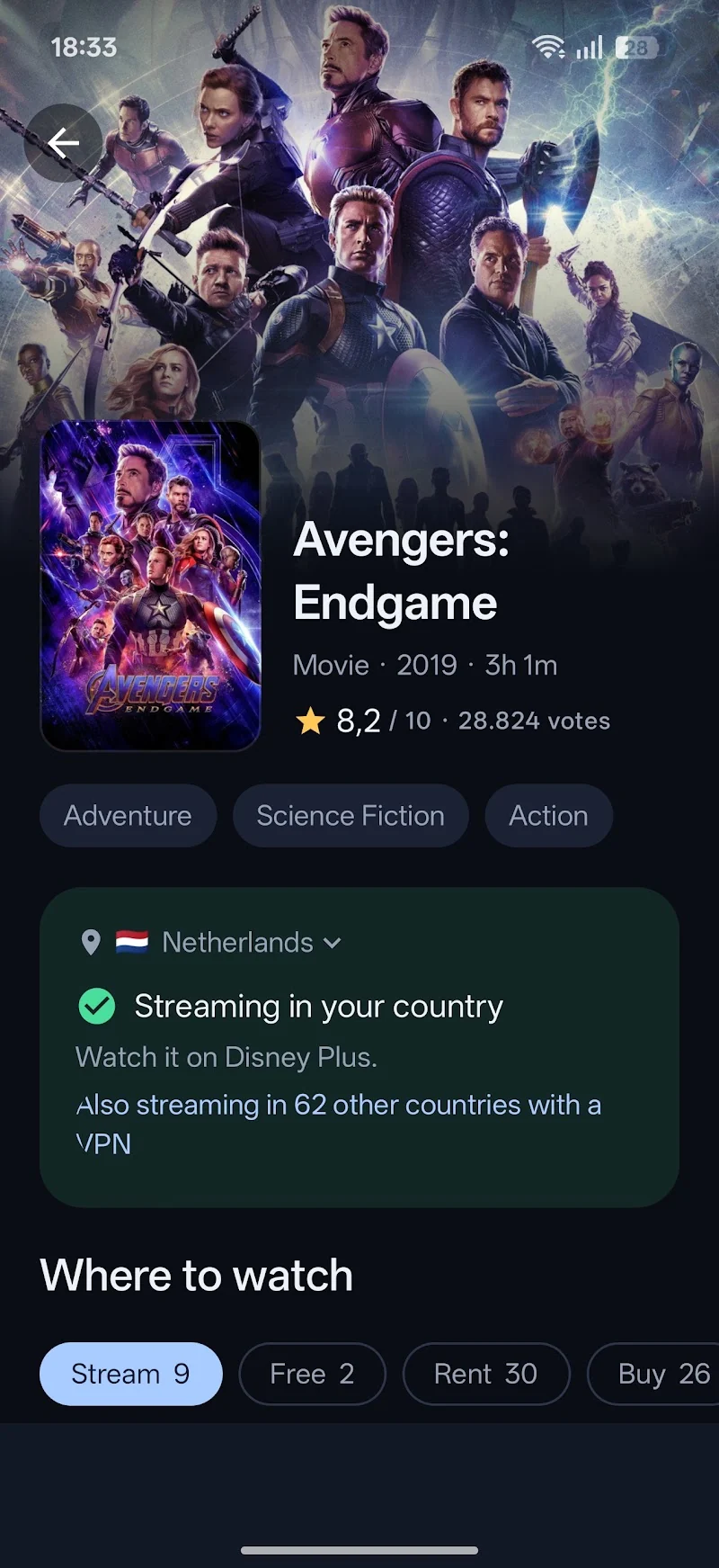 WatchWorld showing where Avengers: Endgame is available to stream